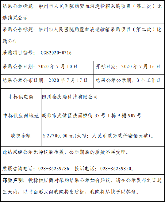 彭州市人民医院购置血液运输箱采购项目（第二次）比选结果公示