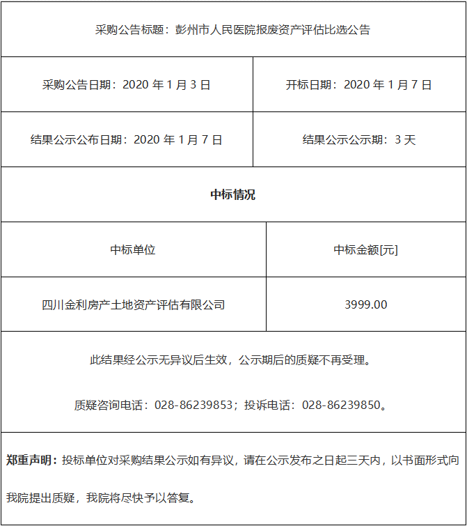 彭州市人民医院报废资产评估公司公告采购结果公示