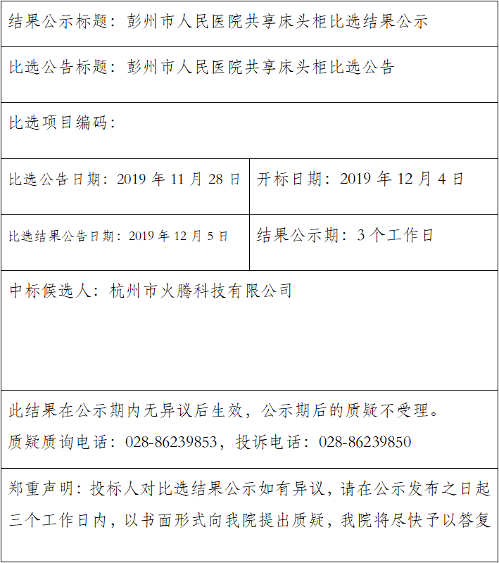 ​彭州市人民医院共享床头柜比选结果公示​